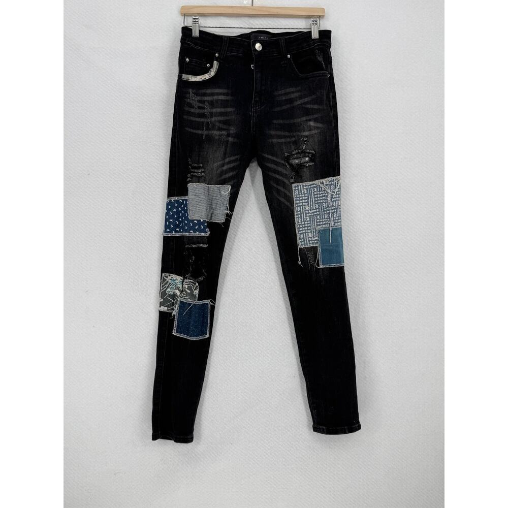 AMIRI Mens Black Denim Distressed Y2K Patchwork Skinny Jeans Sz 32
